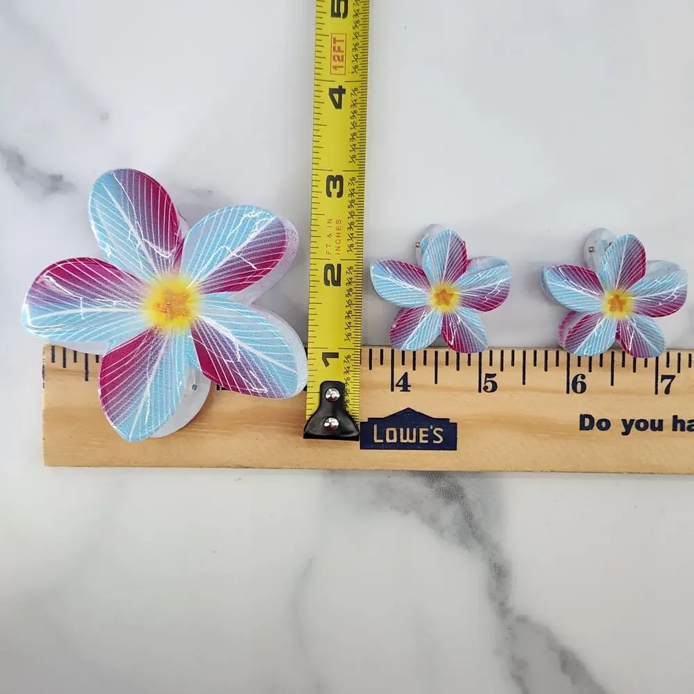 3 pc Hawaiian Flower Claw Clip Set - Hair Accessories - Blue & Purple Plumeria